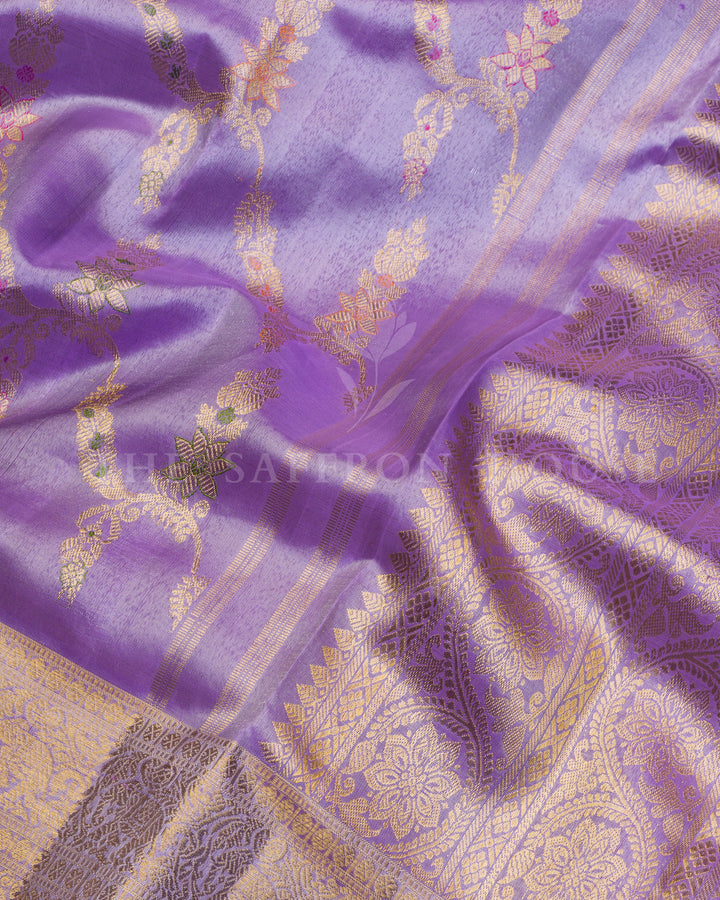 Lavender Handwoven Kanjivaram Silk Tissue Saree with Meenakari Work - TSH250087