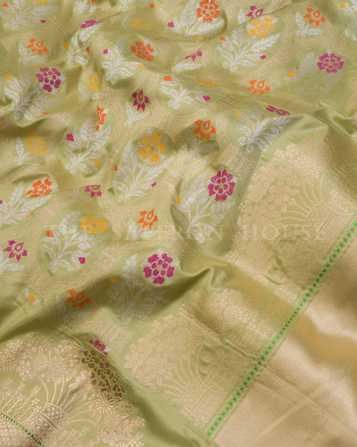 Pistachio Green Handwoven Pure Zari Katan Banarasi Saree with Meenakari Work - TSH250375