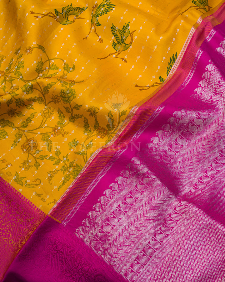 Mustard Yellow Printed Kanjivaram Silk Saree with Ganga Jamuna Border - TSH000010