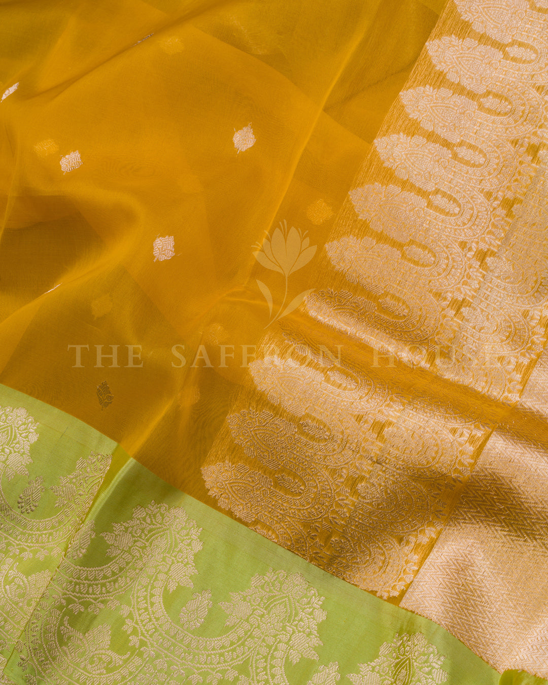 Marigold with Lime Handwoven Kora Banarasi Saree - TSH250510