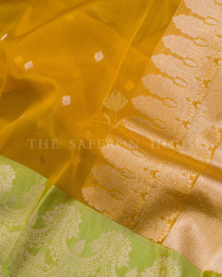 Marigold with Lime Handwoven Kora Banarasi Saree - TSH250510