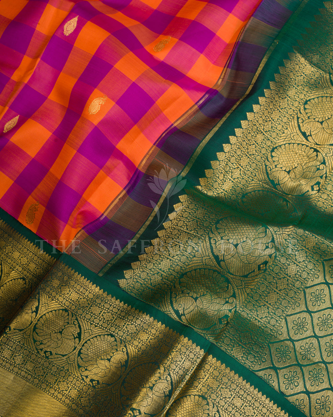 Orange & Magenta Handwoven Korvai Kanjivaram Silk Saree - TSH250178
