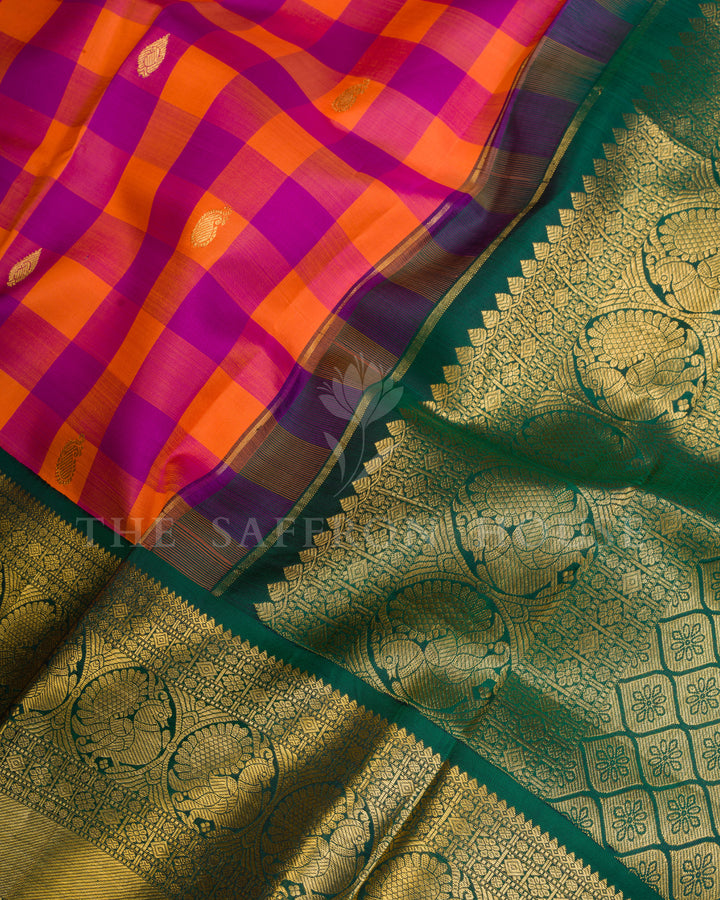 Orange & Magenta Handwoven Korvai Kanjivaram Silk Saree - TSH250178