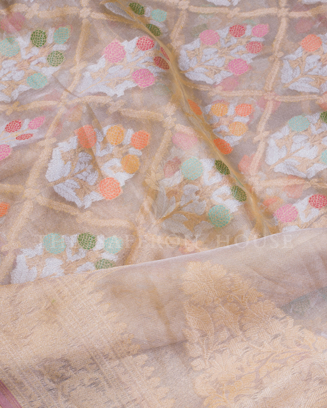 Champagne Gold Handwoven Cutwork Jamdani Kora Silk Saree with Meenakari Work - TSH250501