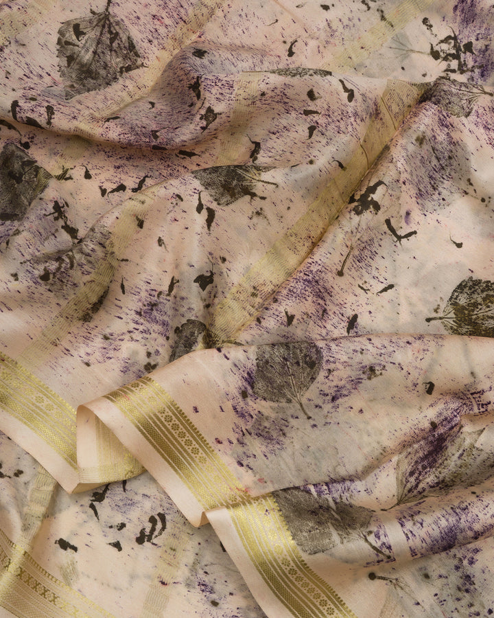 Light Peach Eco-Printed Mysore Silk Saree - TSH2506094