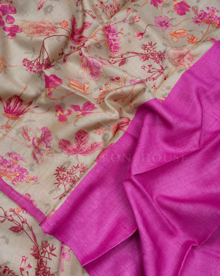 Beige Printed Tussar Silk Saree - TSH8460080