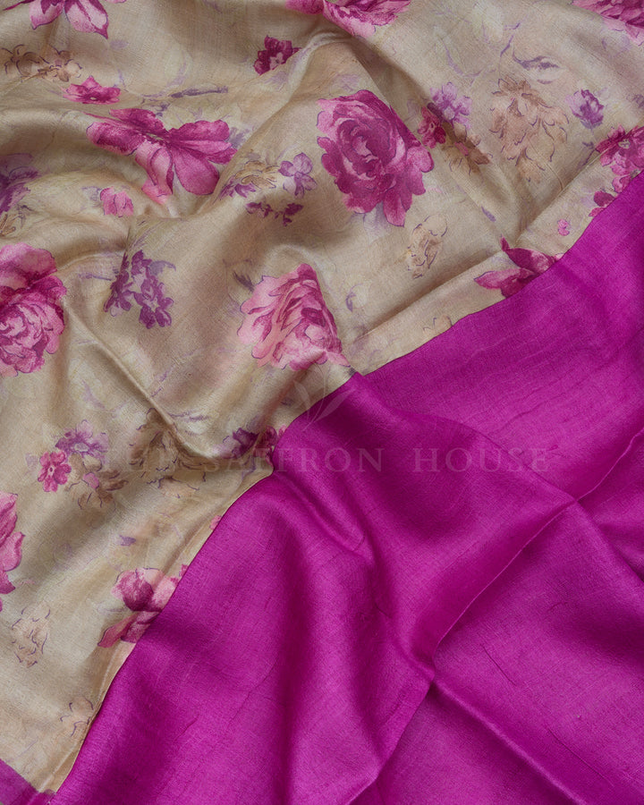 Beige Printed Tussar Silk Saree - TSH8460082