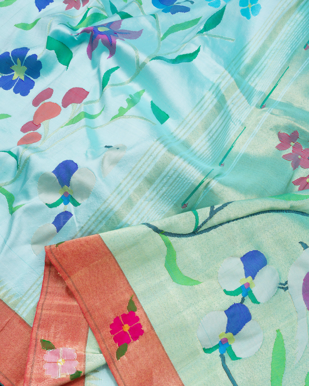Sky Blue And Red Handwoven Paithani Saree - TSH2506069