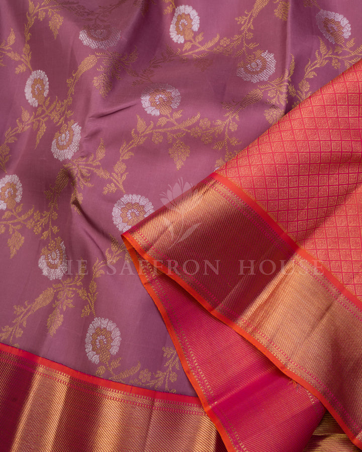 Dusty Mauve and Scarlet Orange Handwoven Kanjivaram Silk Saree - TSH250089
