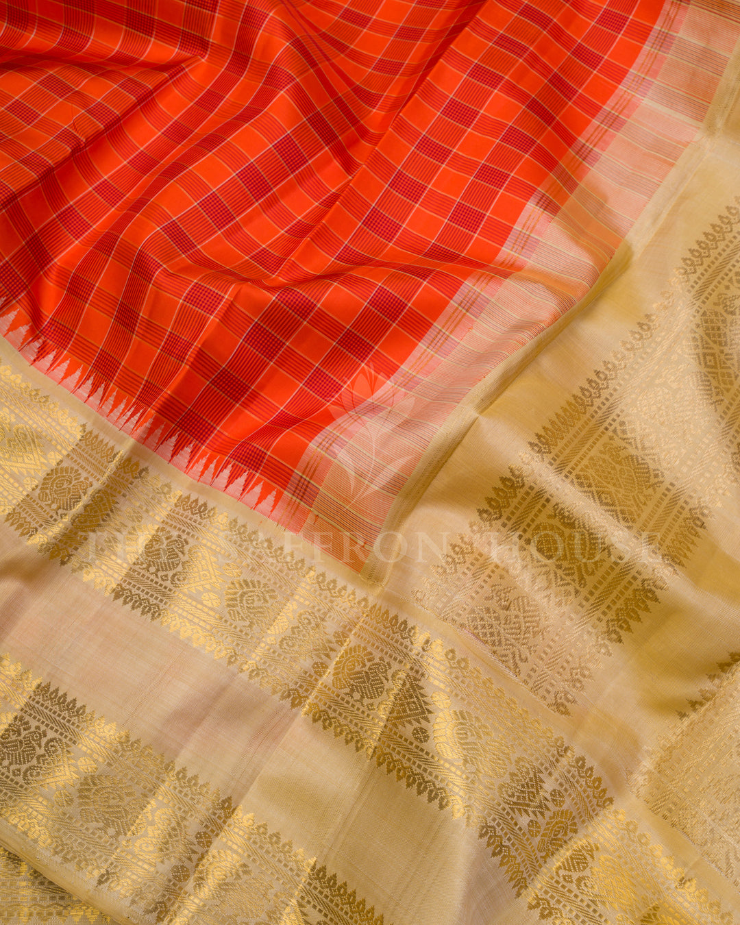 Orange And Ivory Handwoven Rettapet Kanjivaram Silk Saree - TSH250074