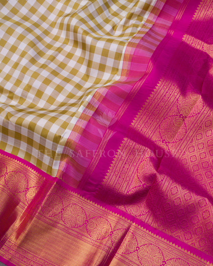 White and Mustard Handwoven Kanjivaram Silk Saree - TSH123