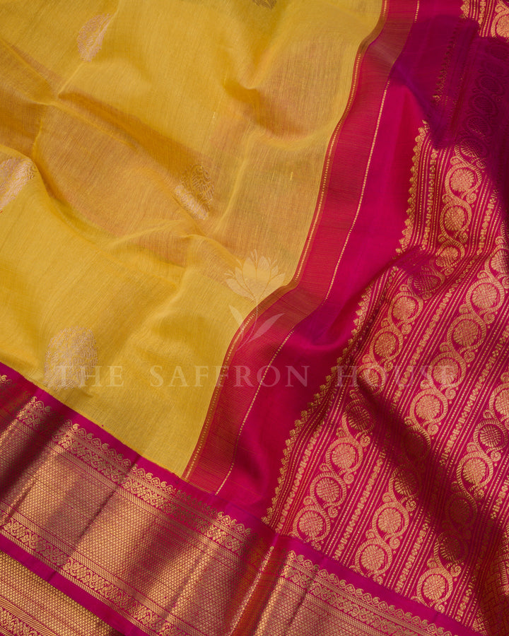 Pure Kanjivaram Silk Saree in Yellow and rani Pink