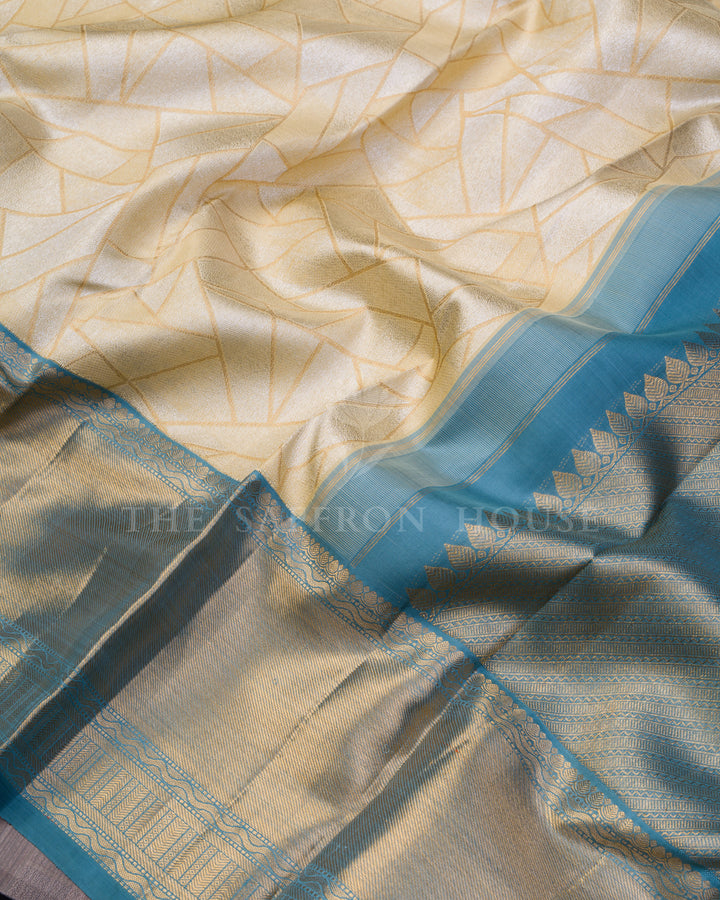Creamy Beige And Teal Blue Handwoven Kanjivaram Silk Saree - TSH250003