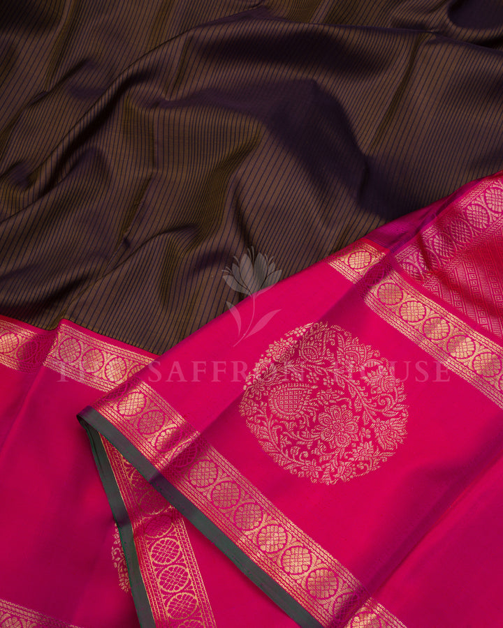 Brown And Rani Pink Handwoven Pure Kanjivaram Silk Saree - TSH250167