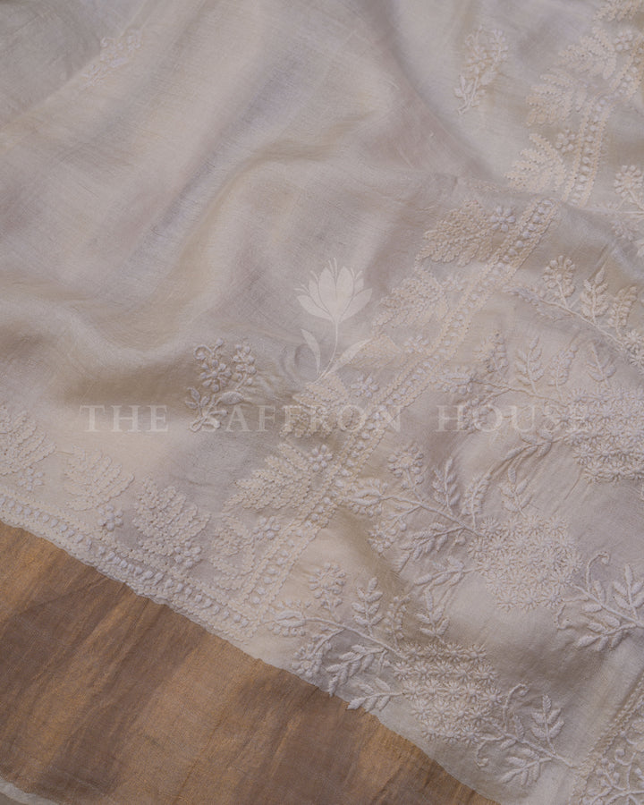 Ivory Desi Tussar Silk Chikankari Saree - TSH250571