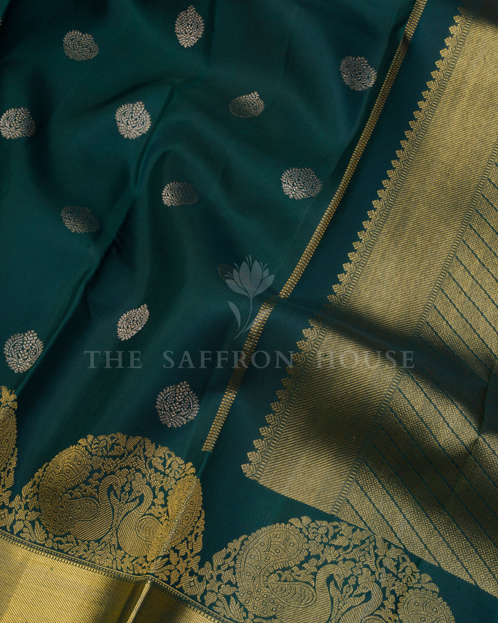 Bottle Green Handwoven Korvai Kanjivaram Silk Saree - TSH250019