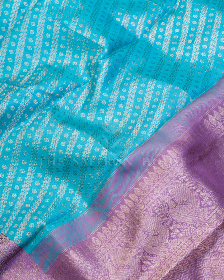 Turquoise Blue And Lilac Handwoven Kanjivaram Silk Saree - TSH250123