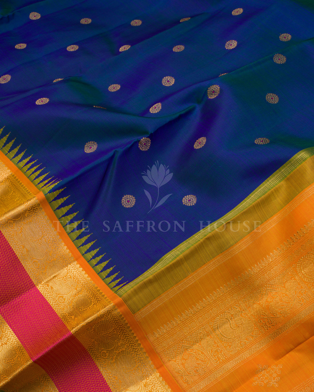 Royal Blue, Turmeric Yellow And Pink Handwoven Kanjivaram Silk Saree - TSH250047