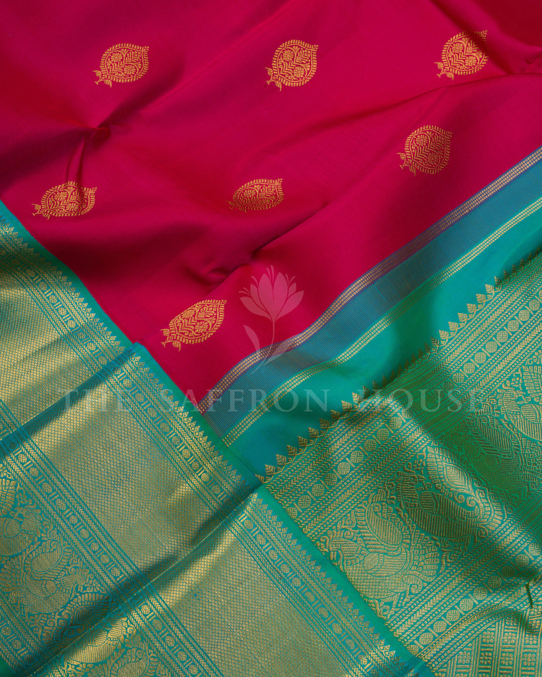 Deep Raspberry Pink And Sea Green Handwoven Kanjivaram Silk Saree - TSH250294