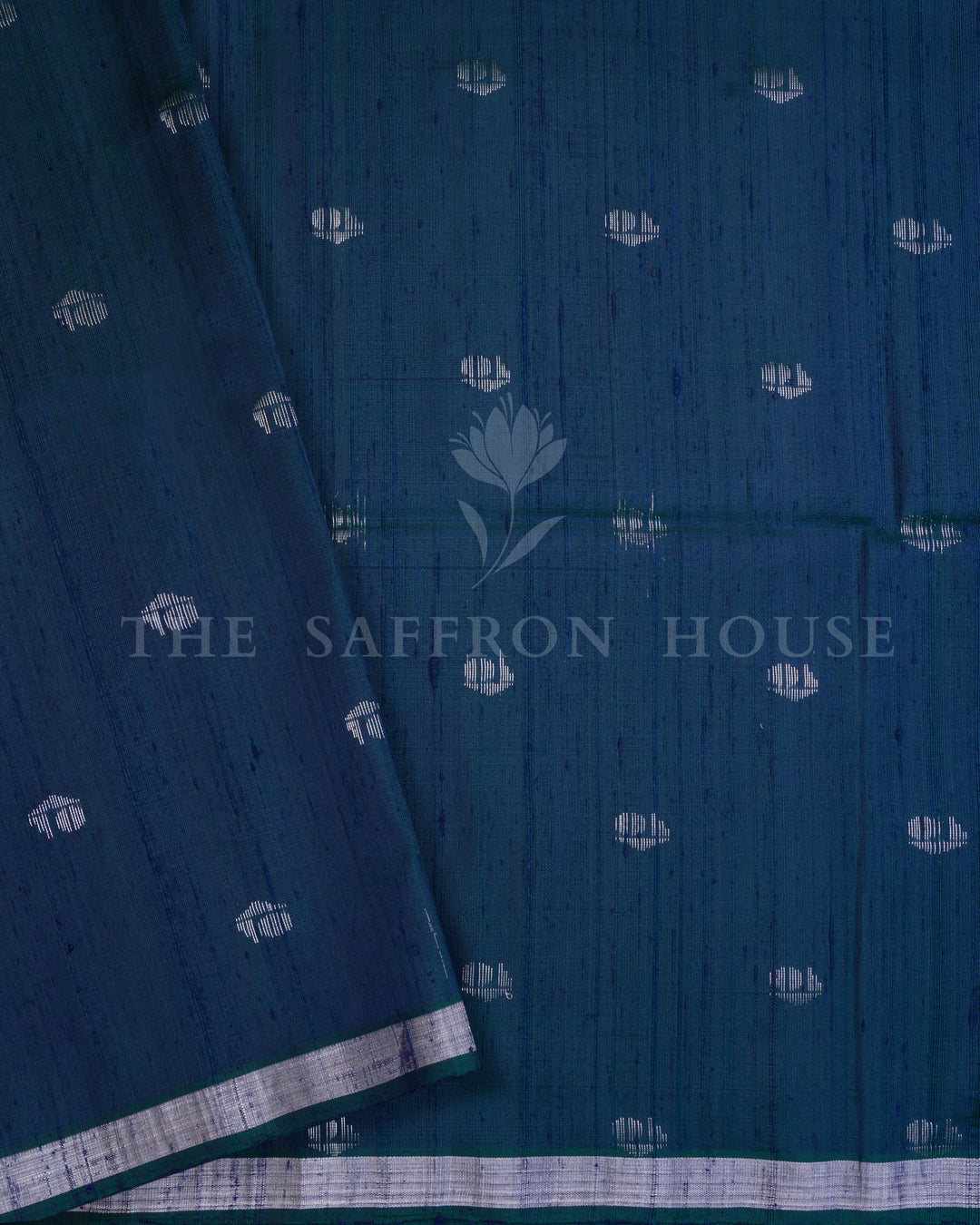 Midnight Blue Tussar Soft Silk Saree with Silver Zari Floral Border and Pallu - TSH6056