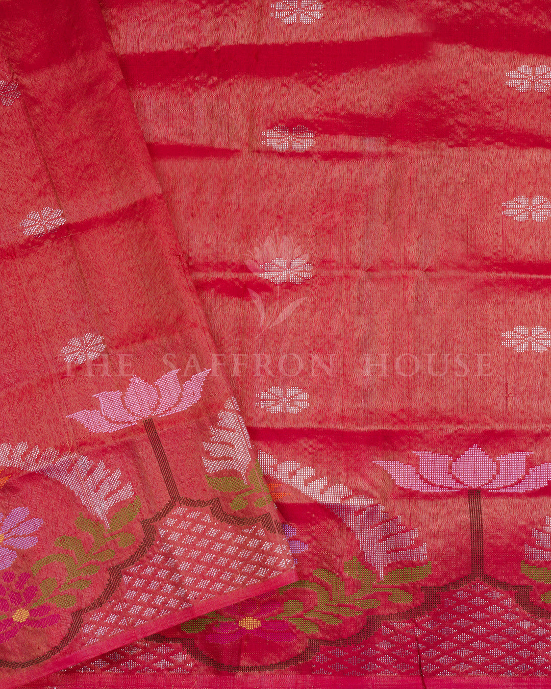 Ivory And Red Handwoven Pure Zari Kota Doria Saree with Meenakari Work - TSH000006
