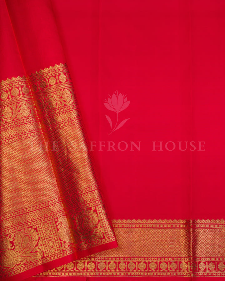 Rose Gold And Chilli Red Handwoven Kanjivaram Silk Saree - TSH250081