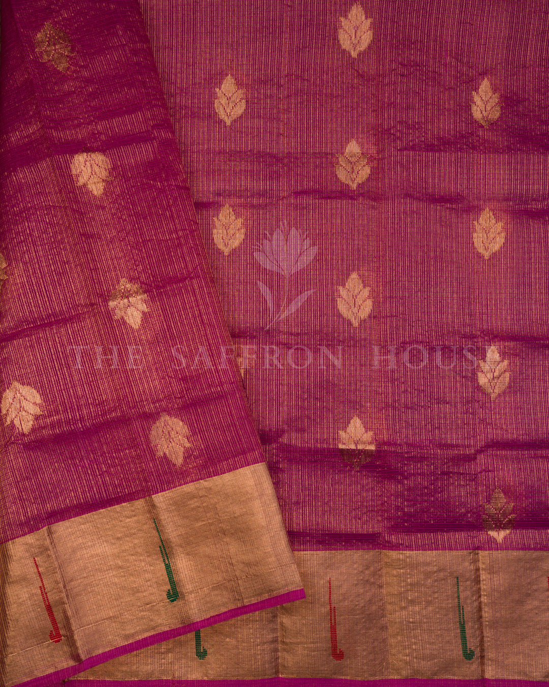 Ochre And Magenta Handwoven Pure Zari Kota Doria Saree - TSH126