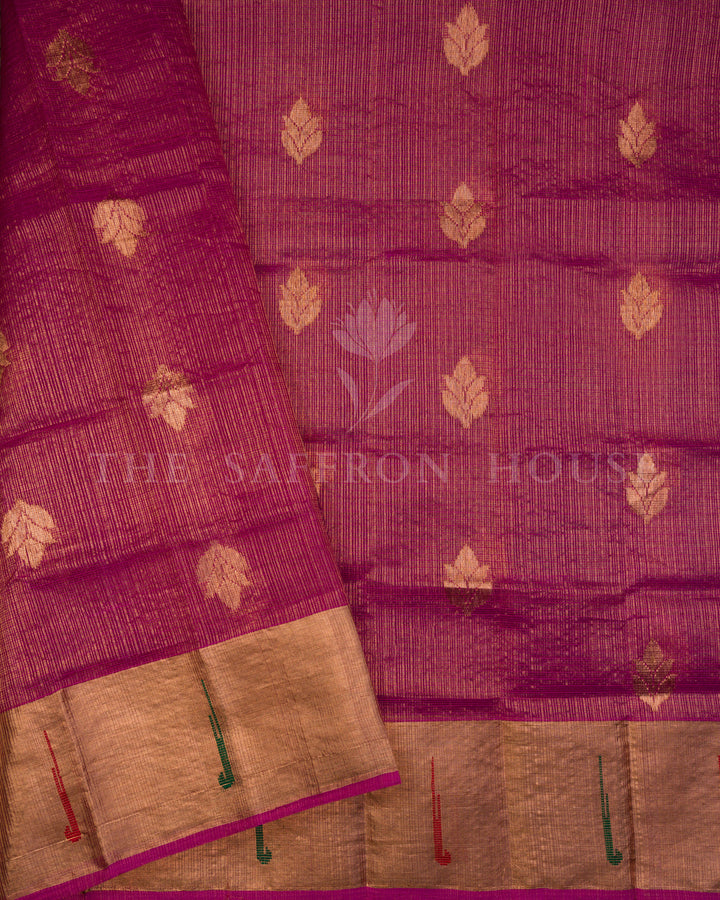 Ochre And Magenta Handwoven Pure Zari Kota Doria Saree - TSH126