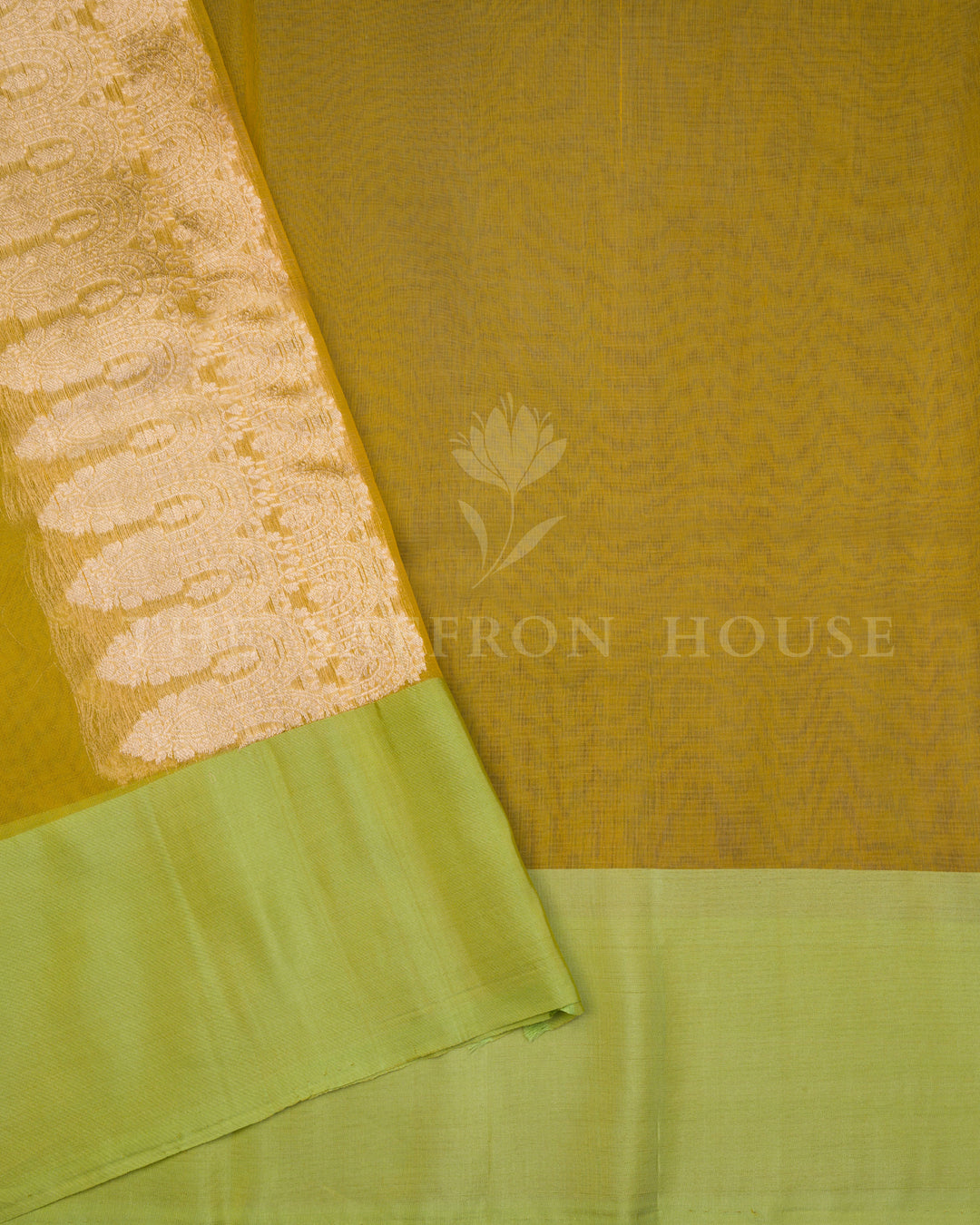 Marigold with Lime Handwoven Kora Banarasi Saree - TSH250510