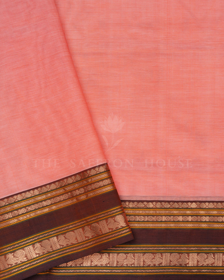 Peach Coral And Chocolate Brown Cotton Silk Saree - TSH110019
