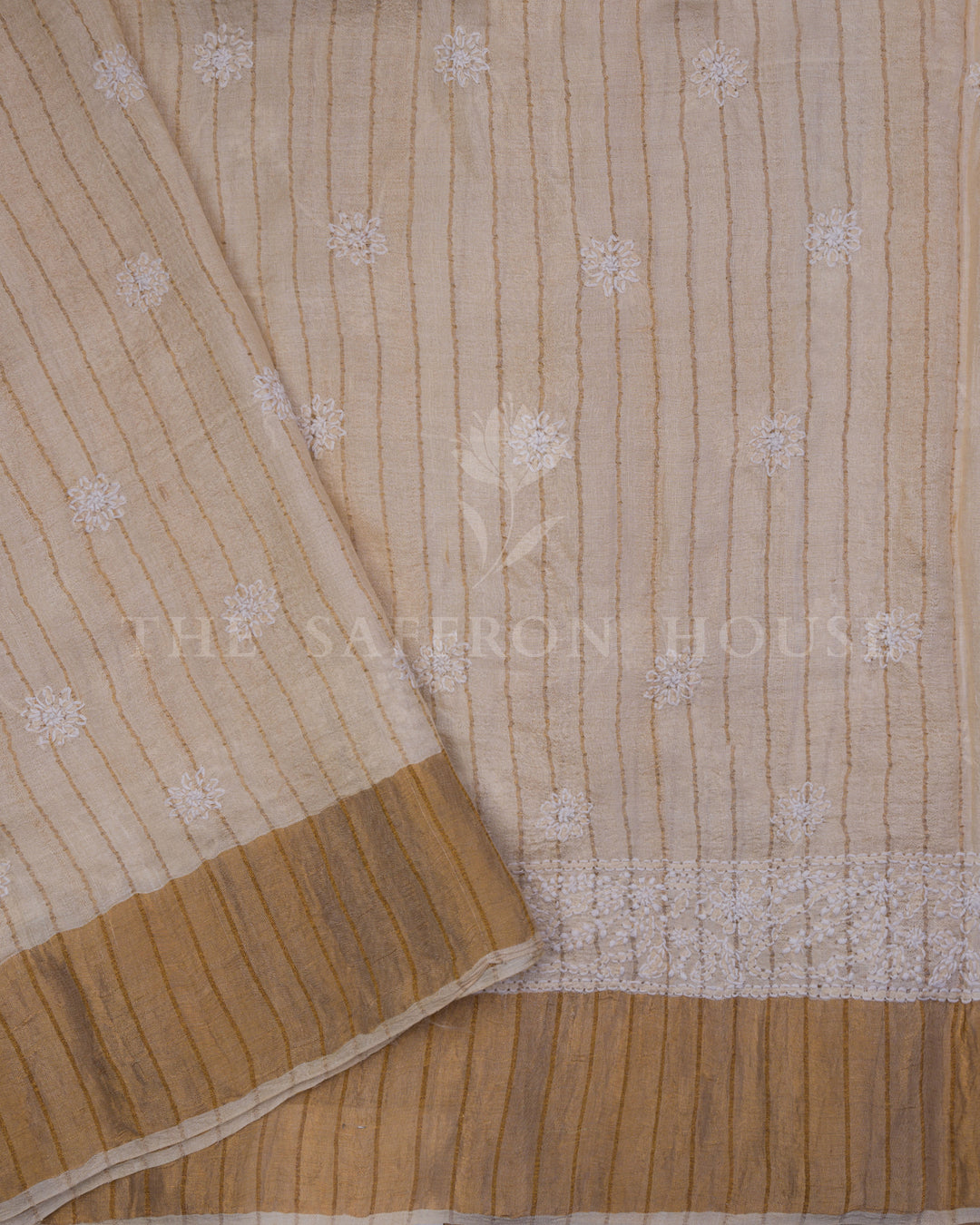 Beige Tussar Silk Chikankari Saree - TSH250532