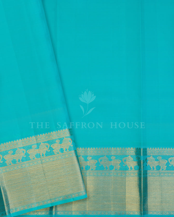 Baby Pink and Turquoise Blue Handwoven Kanjivaram Silk Saree - TSH250030