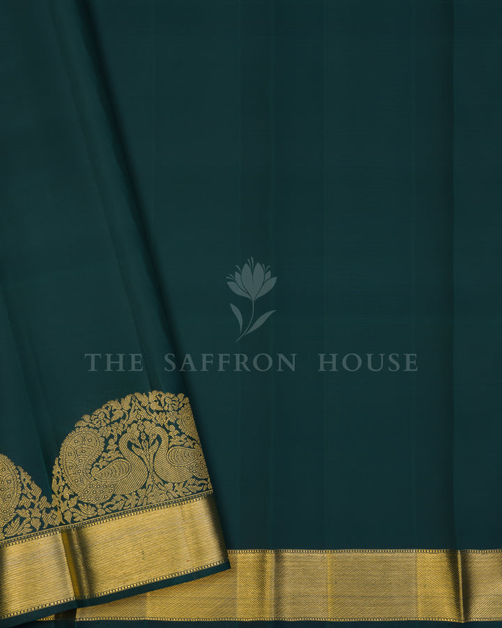 Bottle Green Handwoven Korvai Kanjivaram Silk Saree - TSH250019