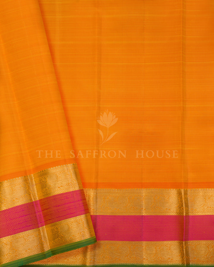 Royal Blue, Turmeric Yellow And Pink Handwoven Kanjivaram Silk Saree - TSH250047
