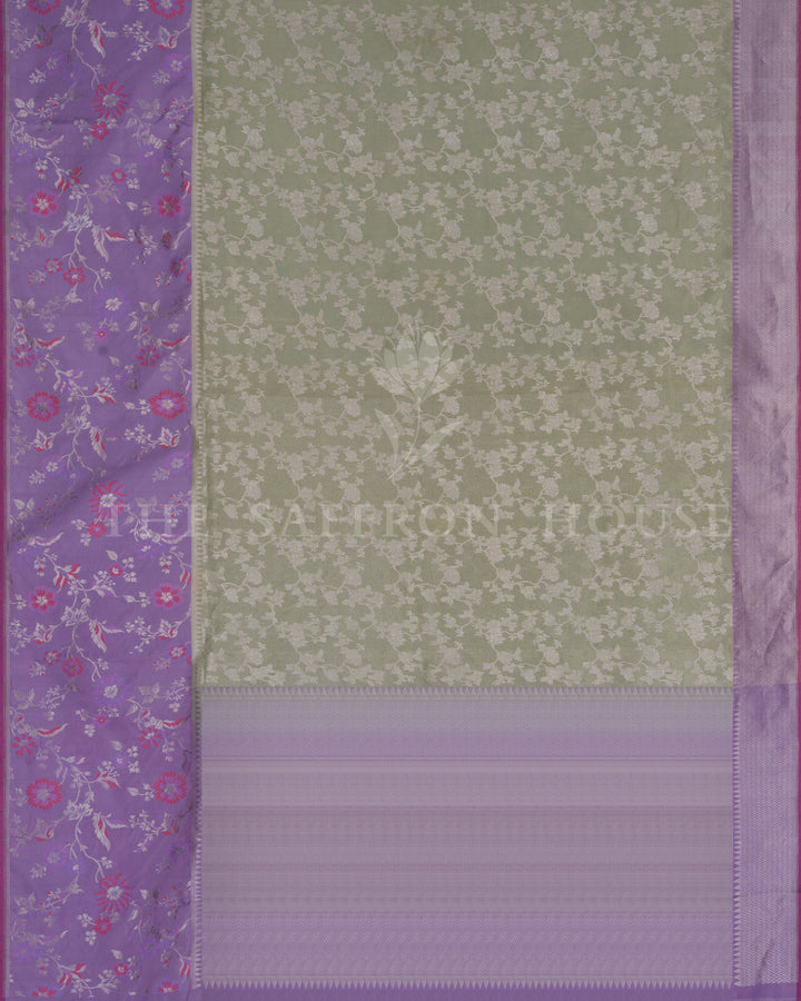 Pastel Olive And Lavender Handwoven Ektara Banaras Saree with Meenakari Work - TSH250512