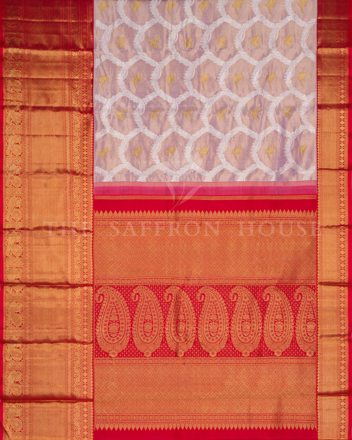 Rose Gold And Chilli Red Handwoven Kanjivaram Silk Saree - TSH250081