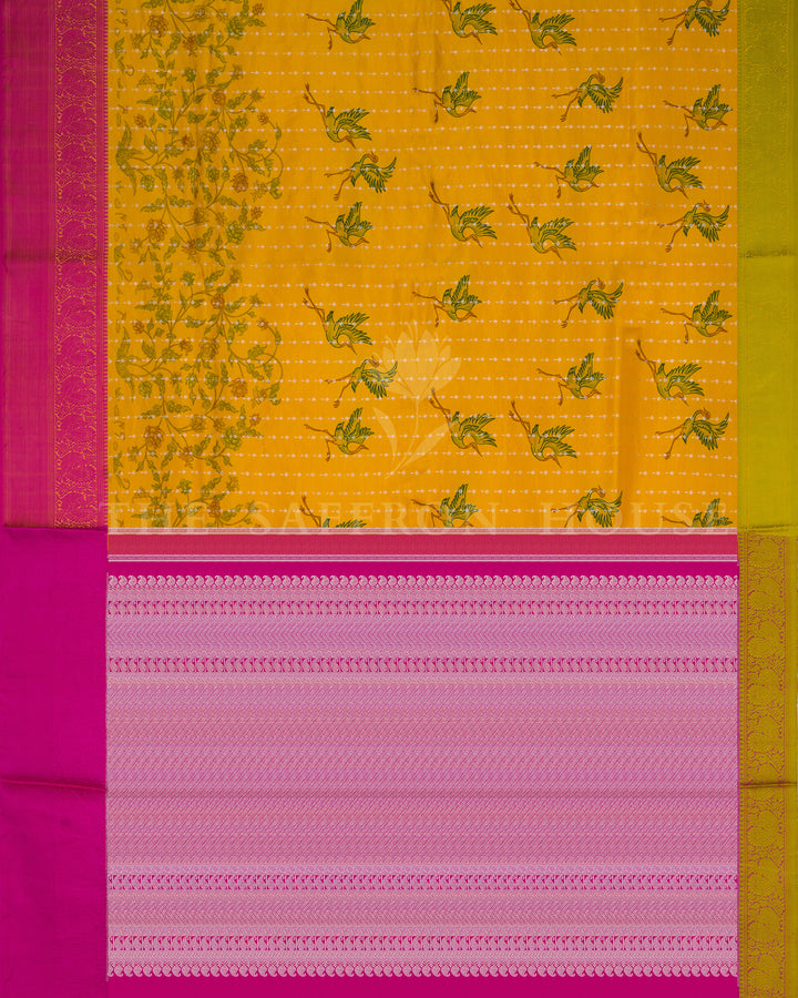 Mustard Yellow Printed Kanjivaram Silk Saree with Ganga Jamuna Border - TSH000010