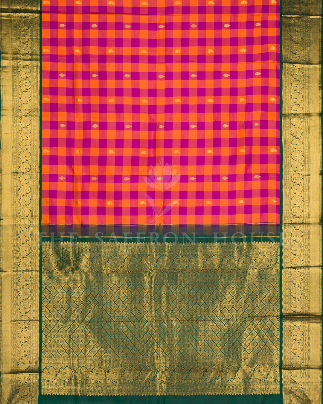 Orange & Magenta Handwoven Korvai Kanjivaram Silk Saree - TSH250178