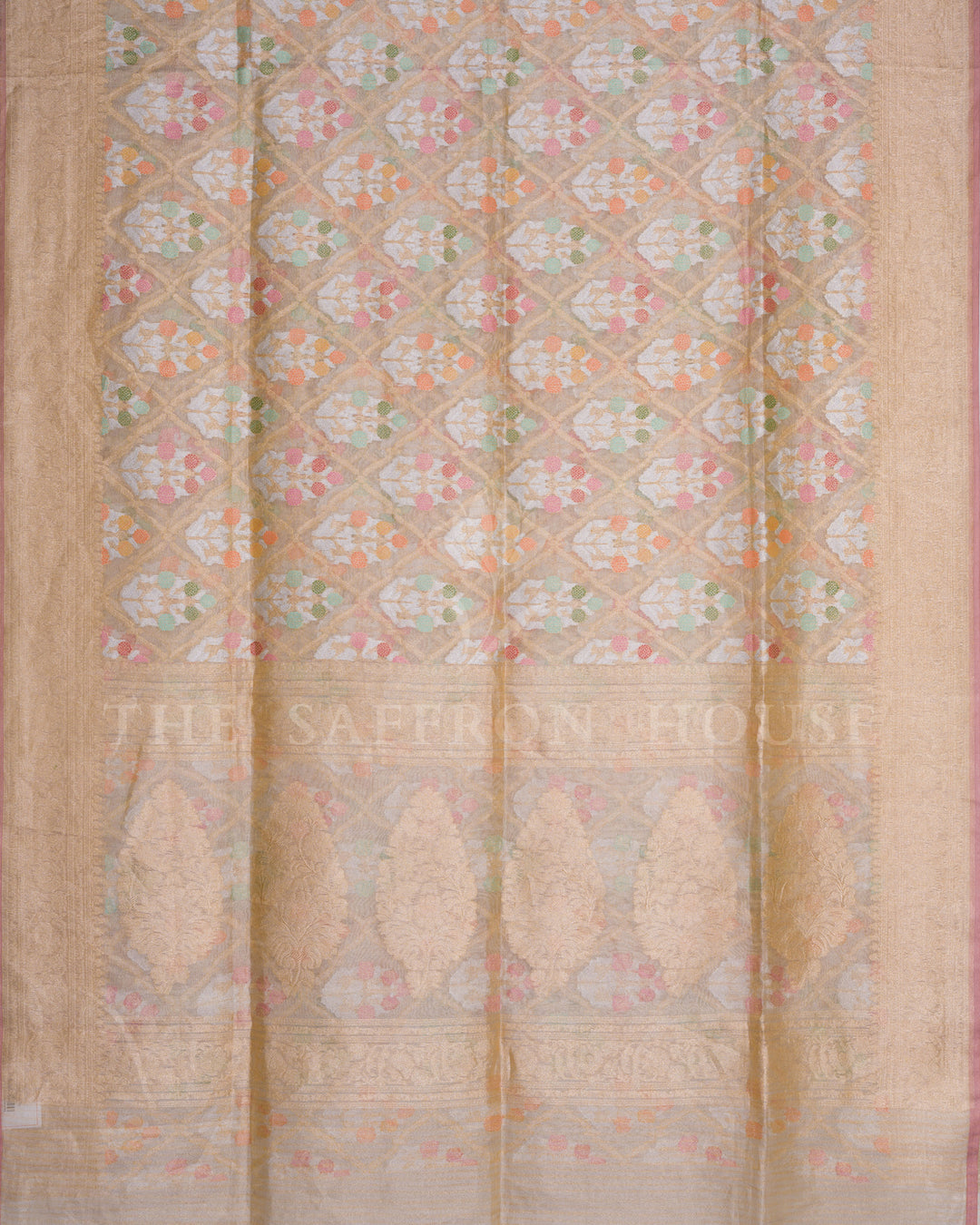 Champagne Gold Handwoven Cutwork Jamdani Kora Silk Saree with Meenakari Work - TSH250501