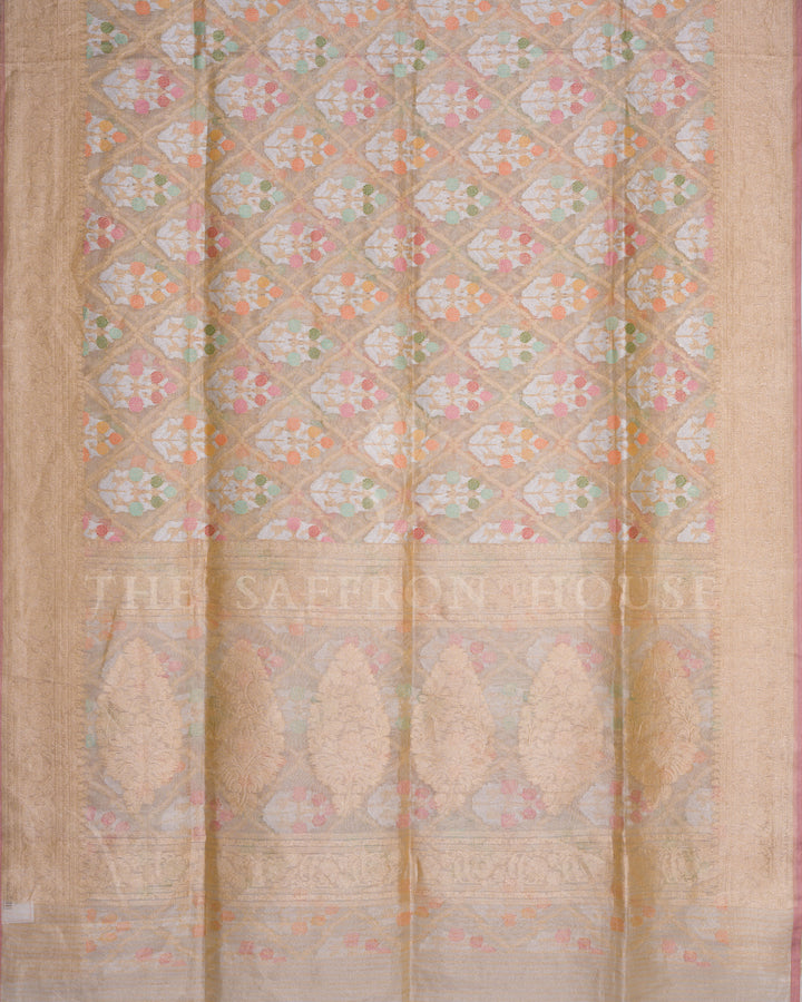 Champagne Gold Handwoven Cutwork Jamdani Kora Silk Saree with Meenakari Work - TSH250501