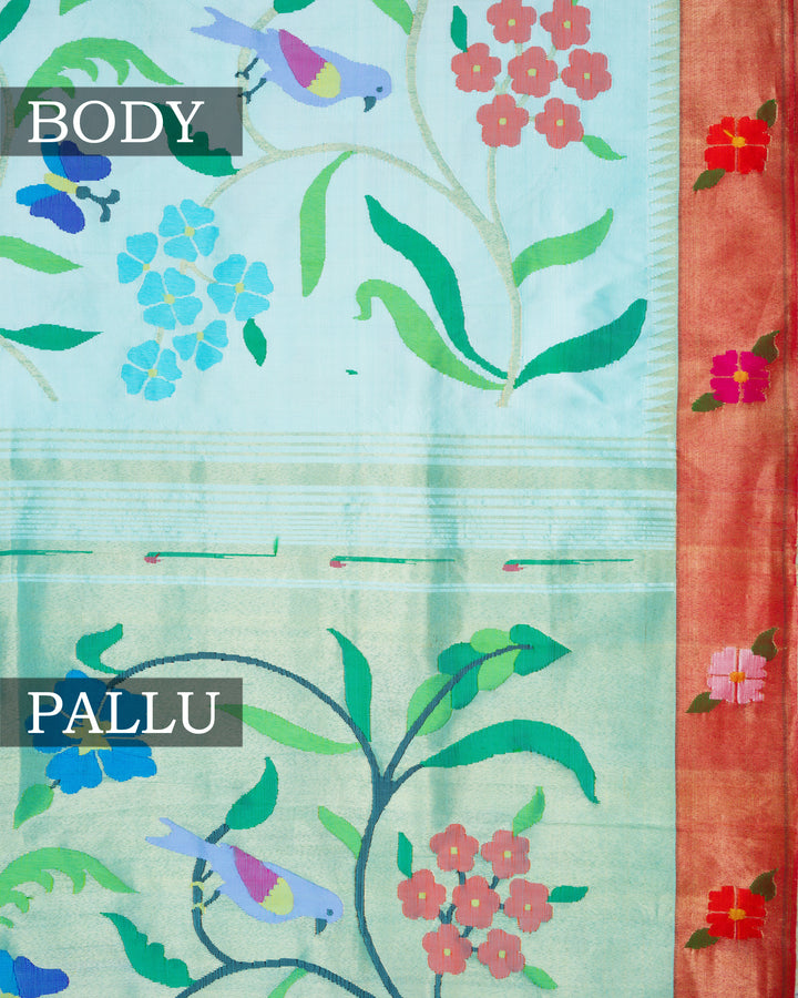 Sky Blue And Red Handwoven Paithani Saree - TSH2506069