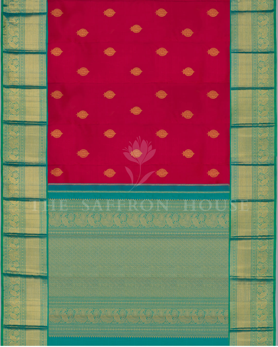 Deep Raspberry Pink And Sea Green Handwoven Kanjivaram Silk Saree - TSH250294