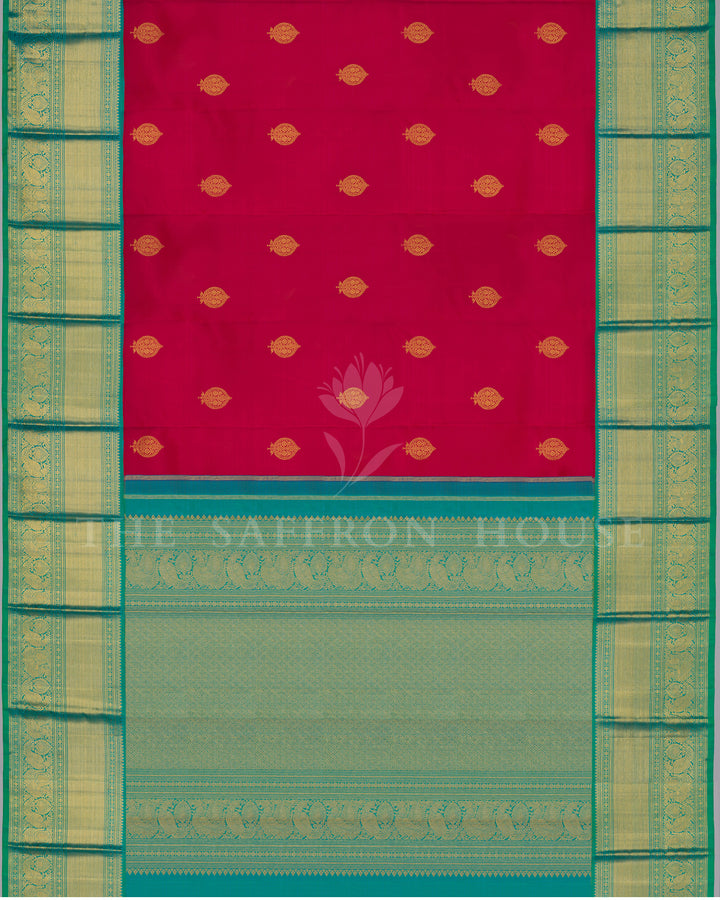 Deep Raspberry Pink And Sea Green Handwoven Kanjivaram Silk Saree - TSH250294