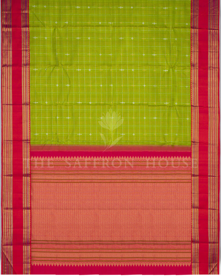 Parrot Green And Pink Orange Handwoven Kanjivaram Silk Saree - TSH250045