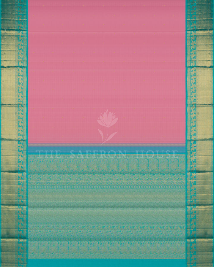 Baby Pink and Turquoise Blue Handwoven Kanjivaram Silk Saree - TSH250030