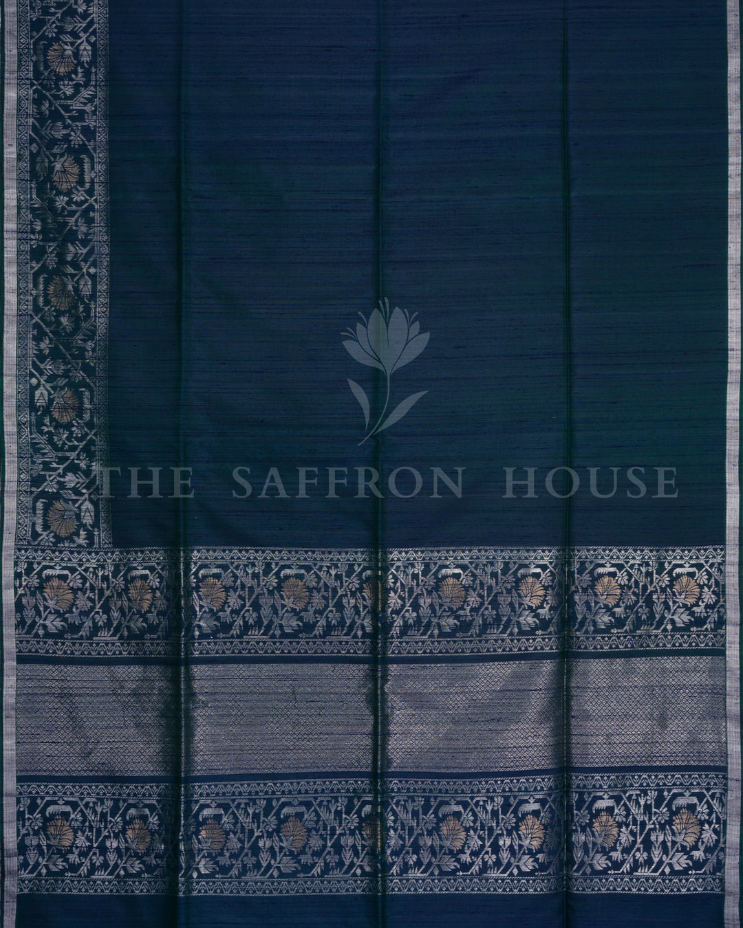 Midnight Blue Tussar Soft Silk Saree with Silver Zari Floral Border and Pallu - TSH6056