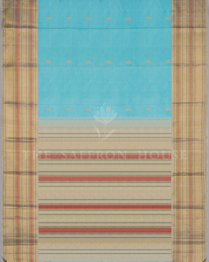 Sky Blue And Beige Handwoven Pure Kanjivaram Silk Saree - TSH250059