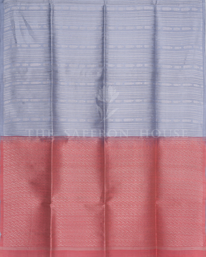 Sky Grey Tussar Soft Silk Saree with Rose Red Contrast Pallu - TSH6052