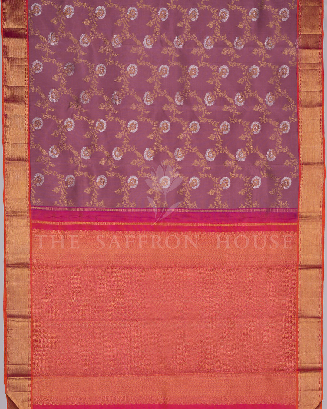 Dusty Mauve and Scarlet Orange Handwoven Kanjivaram Silk Saree - TSH250089