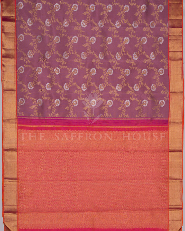 Dusty Mauve and Scarlet Orange Handwoven Kanjivaram Silk Saree - TSH250089